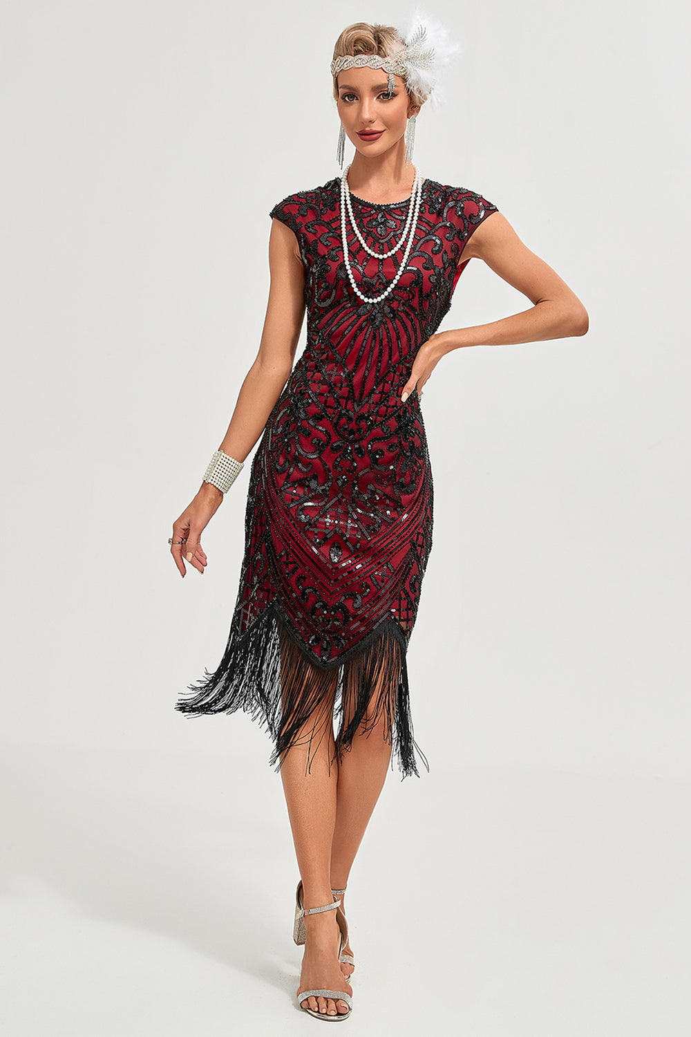 Burgunderrotes Fransen Glitzer Flapper Kleid mit Accessoires