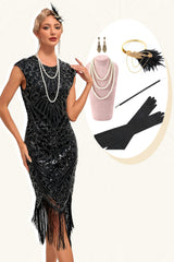 Schwarzes ärmelloses Kleid mit Glitzerfransen aus den 1920er Jahren und Accessoires