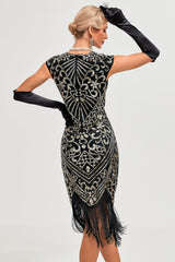 Glitzerndes Fransenkleid Schwarzes goldenes Flapper Kleid mit Accessoires