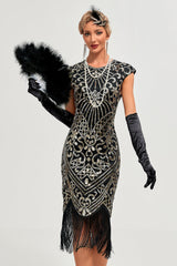 Glitzerndes Fransenkleid Schwarzes goldenes Flapper Kleid mit Accessoires