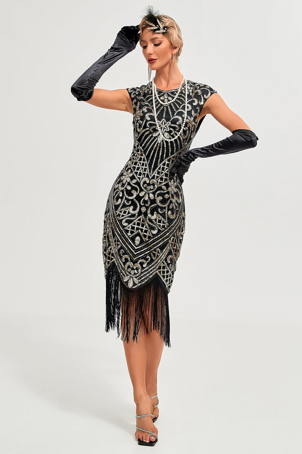 Glitzerndes Fransenkleid Schwarzes goldenes Flapper Kleid mit Accessoires
