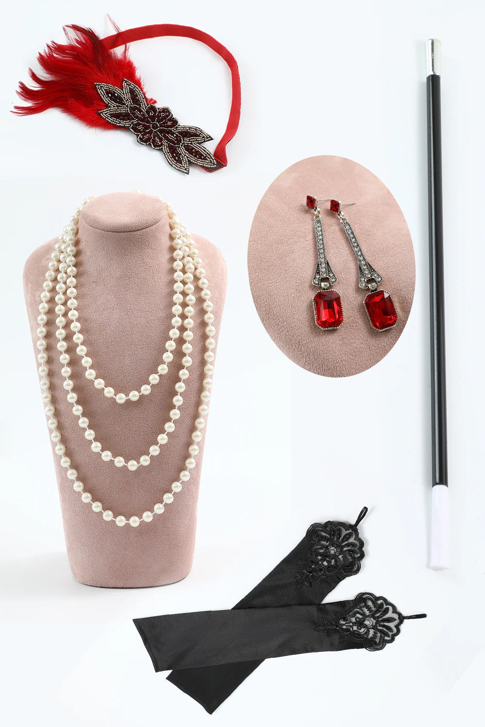 Rot Golden Paillettenkleid mit Fransen aus den 1920er Jahren mit 5-teiligem Accessoire-Set