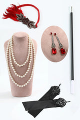 Rot Golden Paillettenkleid mit Fransen aus den 1920er Jahren mit 5-teiligem Accessoire-Set