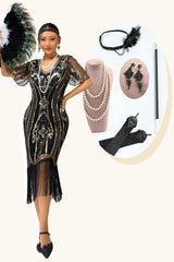 Glitzerndes Schwarzes Goldenes Figurbetontes Kleid aus den 1920er Jahren mit V-Ausschnitt und 5-teiligem Accessoire-Set