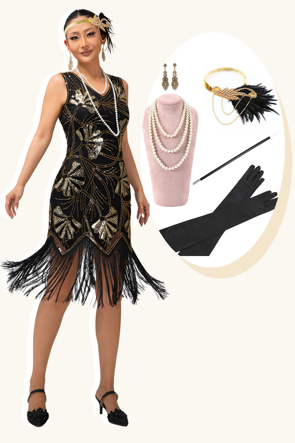 Schwarzes Paillettenkleid mit Fransen und Flapper aus den 1920er Jahren mit 5-teiligem Zubehörset