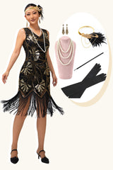 Schwarzes Paillettenkleid mit Fransen und Flapper aus den 1920er Jahren mit 5-teiligem Zubehörset