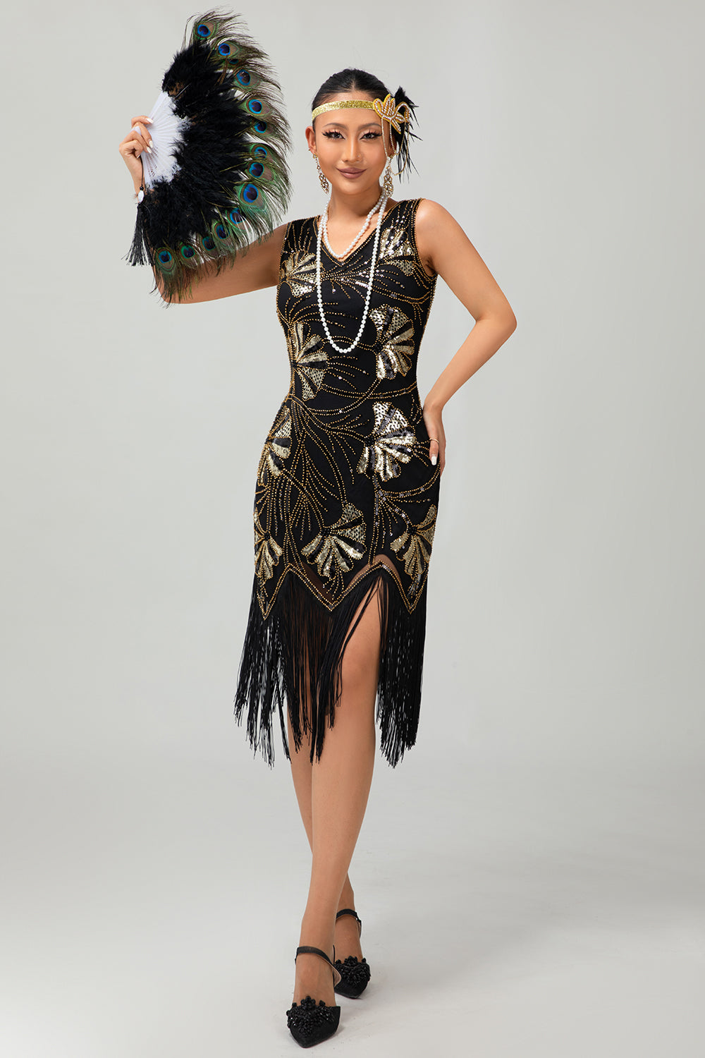 Schwarzes Paillettenkleid mit Fransen und Flapper aus den 1920er Jahren mit 5-teiligem Zubehörset
