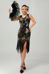 Schwarzes Paillettenkleid mit Fransen und Flapper aus den 1920er Jahren mit 5-teiligem Zubehörset