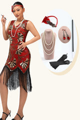 Rot Golden Paillettenkleid mit Fransen aus den 1920er Jahren mit 5-teiligem Accessoire-Set