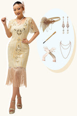 Champagner Applikationen Fransen 1920er Jahre Kleid mit 5-teiligem Accessoires Set