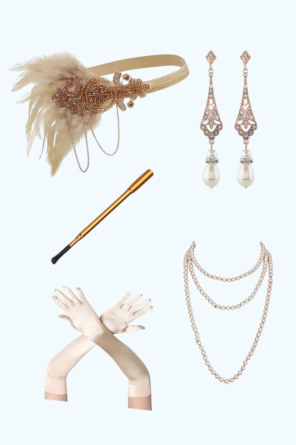 Champagner Applikationen Fransen 1920er Jahre Kleid mit 5-teiligem Accessoires Set