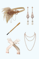 Champagner Applikationen Fransen 1920er Jahre Kleid mit 5-teiligem Accessoires Set