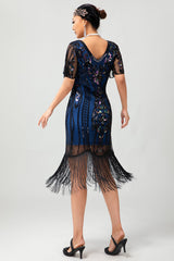 Schwarzes Blaues Paillettenkleid mit Fransen und Rundhalsausschnitt aus den 1920er Jahren mit 5-teiligem Zubehörset