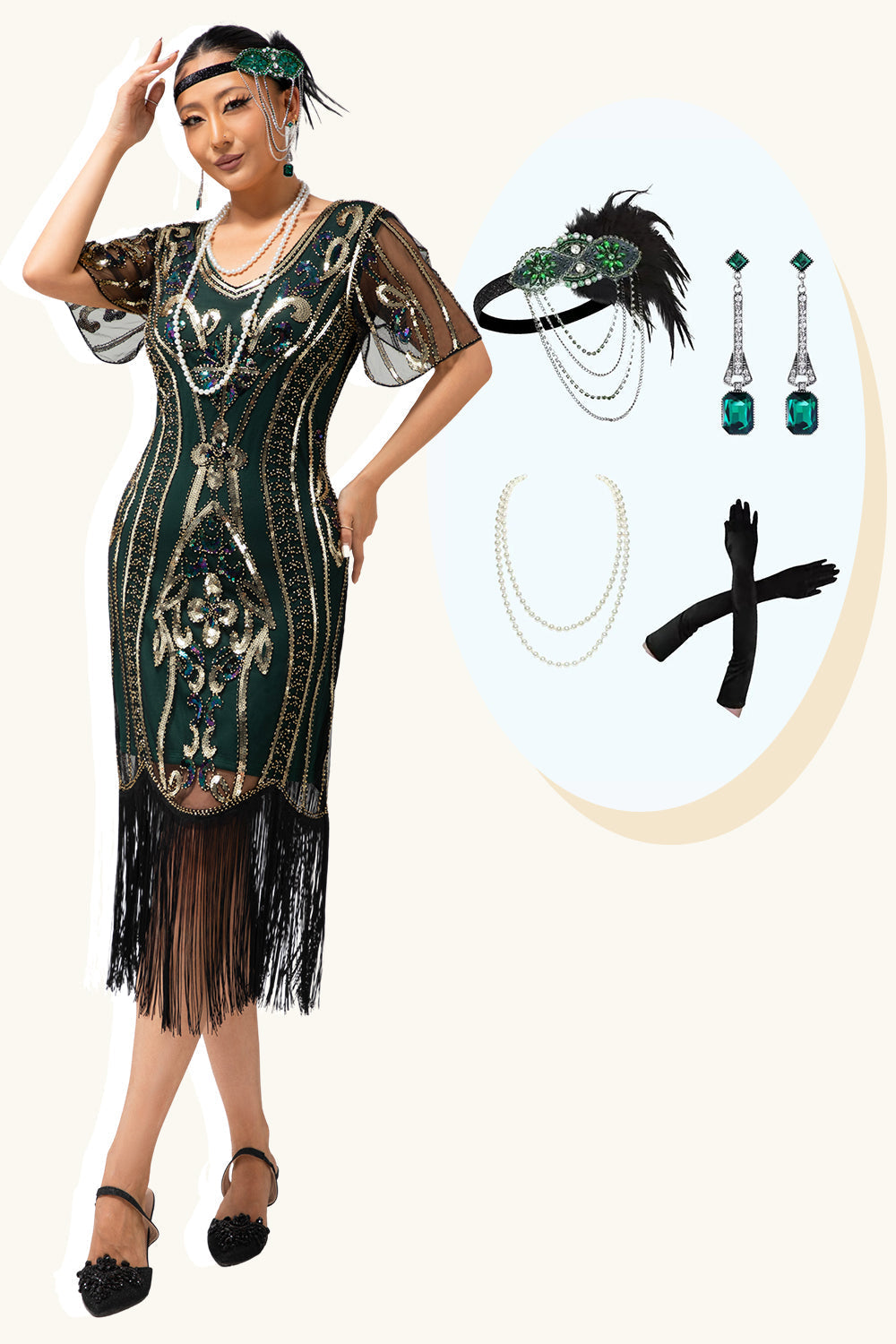 Dunkelgrünes Paillettenkleid mit Fransen aus den 1920er Jahren mit 4-teiligem Accessoire-Set