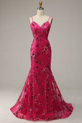 Fuchsia Pailletten Drucken Meerjungfrau Ballkleid