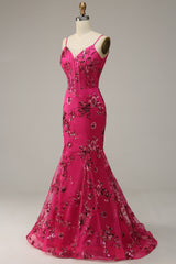 Fuchsia Pailletten Drucken Meerjungfrau Ballkleid