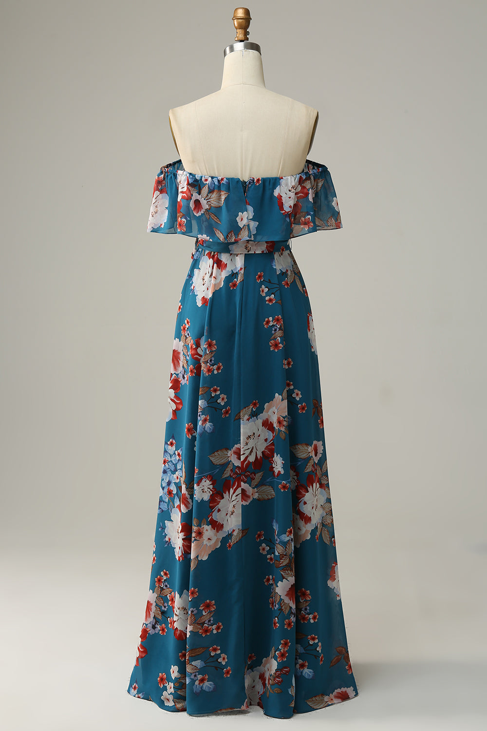 Dunkelblaues geblümtes Boho Chiffon Langes Brautjungfernkleid