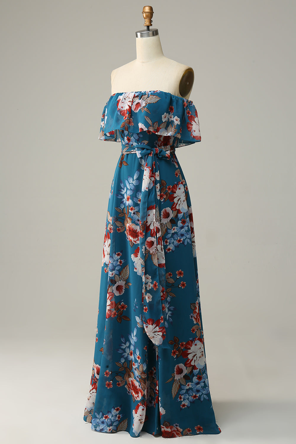Dunkelblaues geblümtes Boho Chiffon Langes Brautjungfernkleid