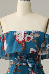 Dunkelblaues geblümtes Boho Chiffon Langes Brautjungfernkleid