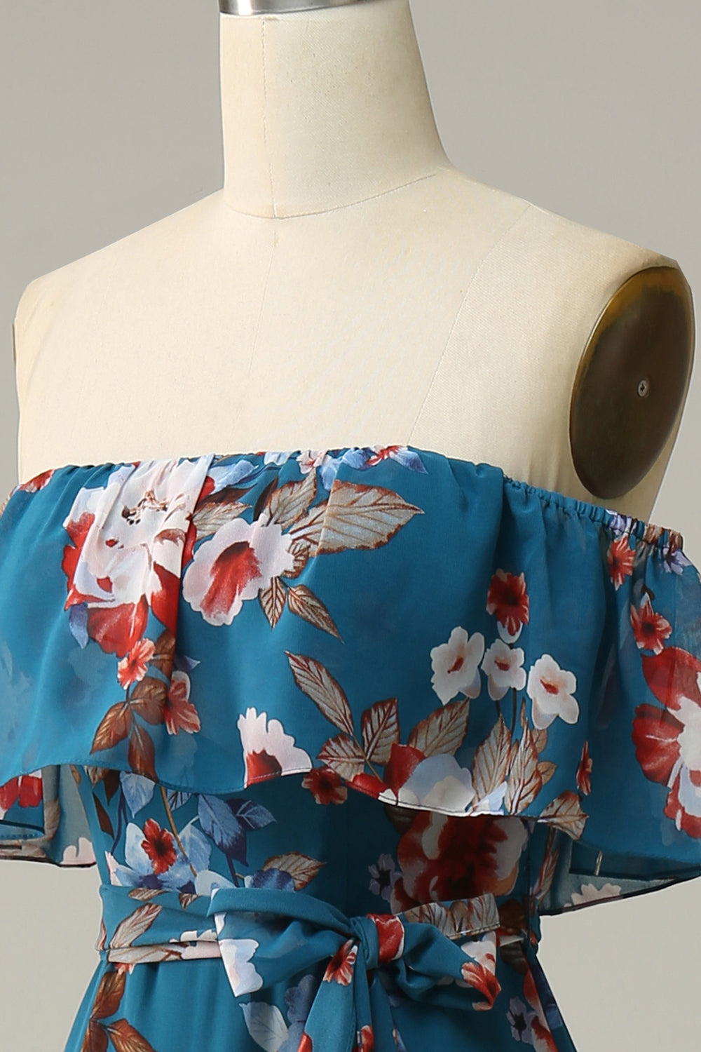 Dunkelblaues geblümtes Boho Chiffon Langes Brautjungfernkleid