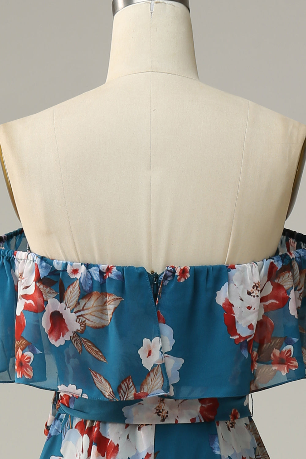 Dunkelblaues geblümtes Boho Chiffon Langes Brautjungfernkleid