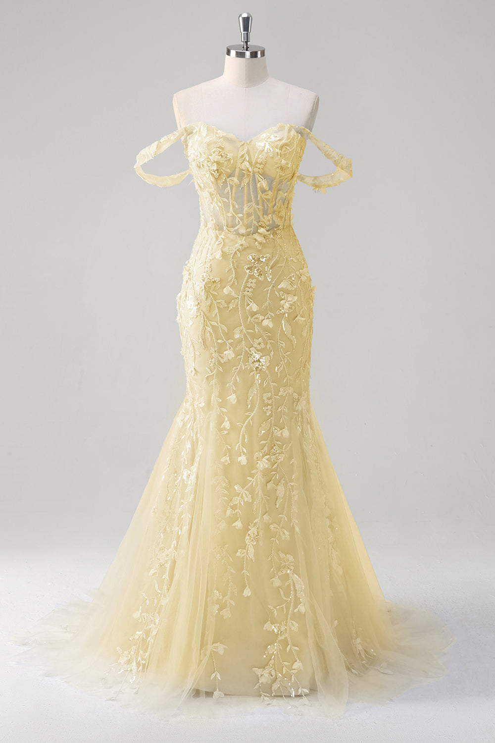 Blaues Meerjungfrau Schulterfreies Pailletten Korsett Ballkleid mit Blumenmuster