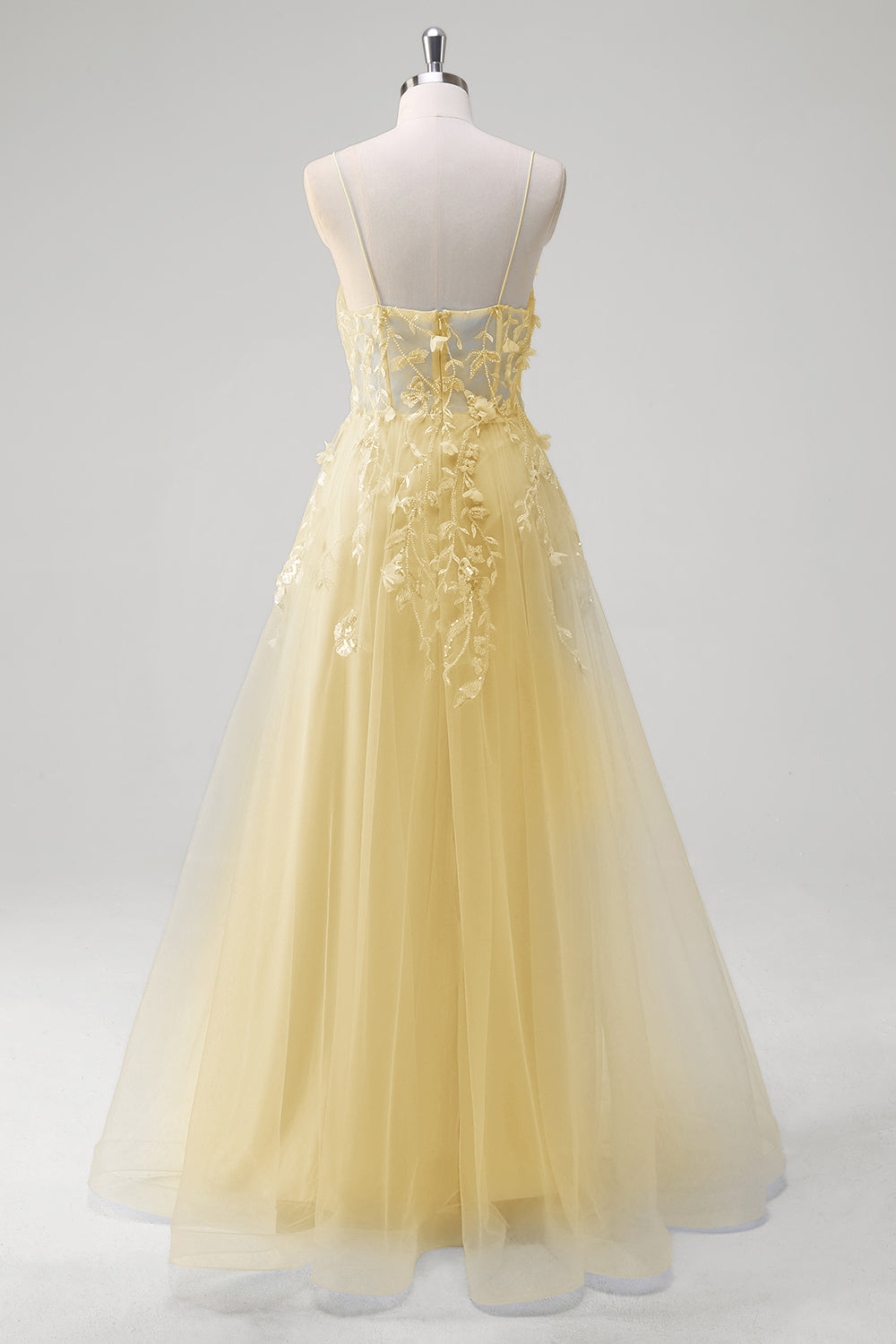 Blaues Langes A-Linie Korsett Tüll Ballkleid mit Spaghettiträgern und Applikationen