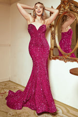 Meerjungfrau Schatz Fuchsia Pailletten Langes Ballkleid mit Sweep Train