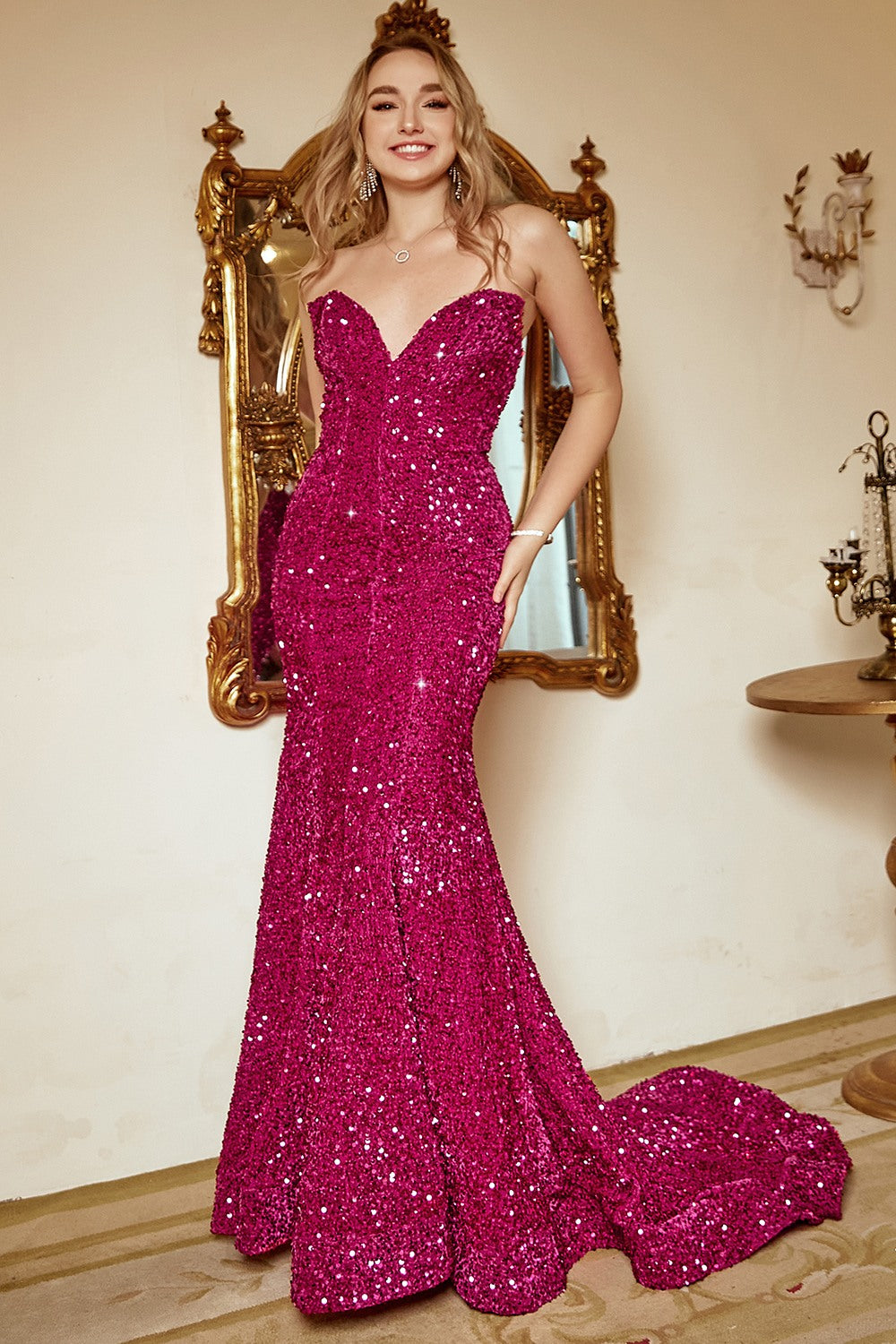 Meerjungfrau Schatz Fuchsia Pailletten Langes Ballkleid mit Sweep Train