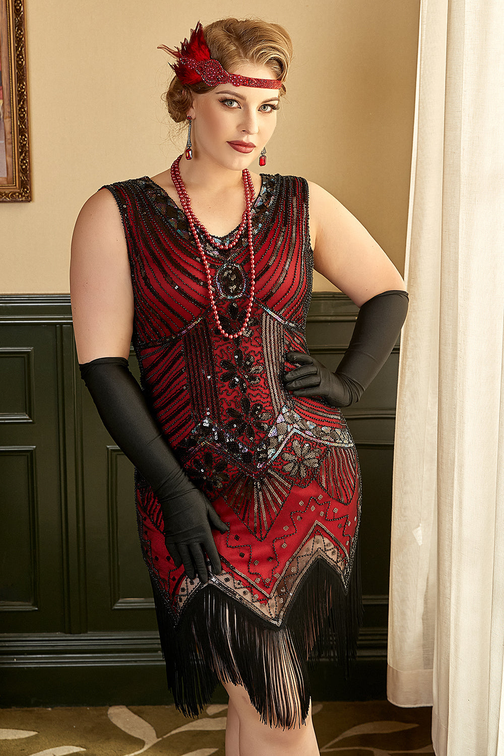 Rotes Paillettenkleid Übergröße aus den 1920er Jahren mit Fransen