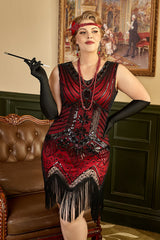 Rotes Paillettenkleid Übergröße aus den 1920er Jahren mit Fransen