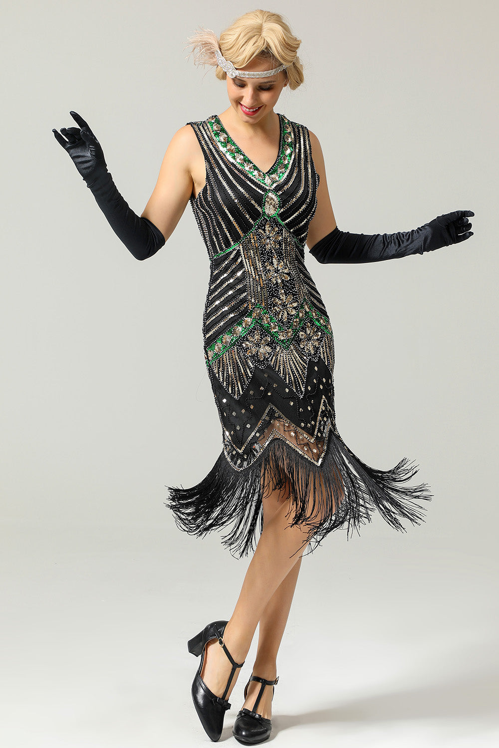 Schwarz Glitzer Franse 1920er Flapper Kleid