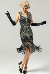 Schwarz Glitzer Franse 1920er Flapper Kleid