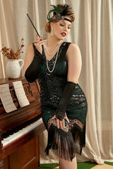 Pailletten dunkelgrün Übergröße 1920er Jahre Flapper Kleid