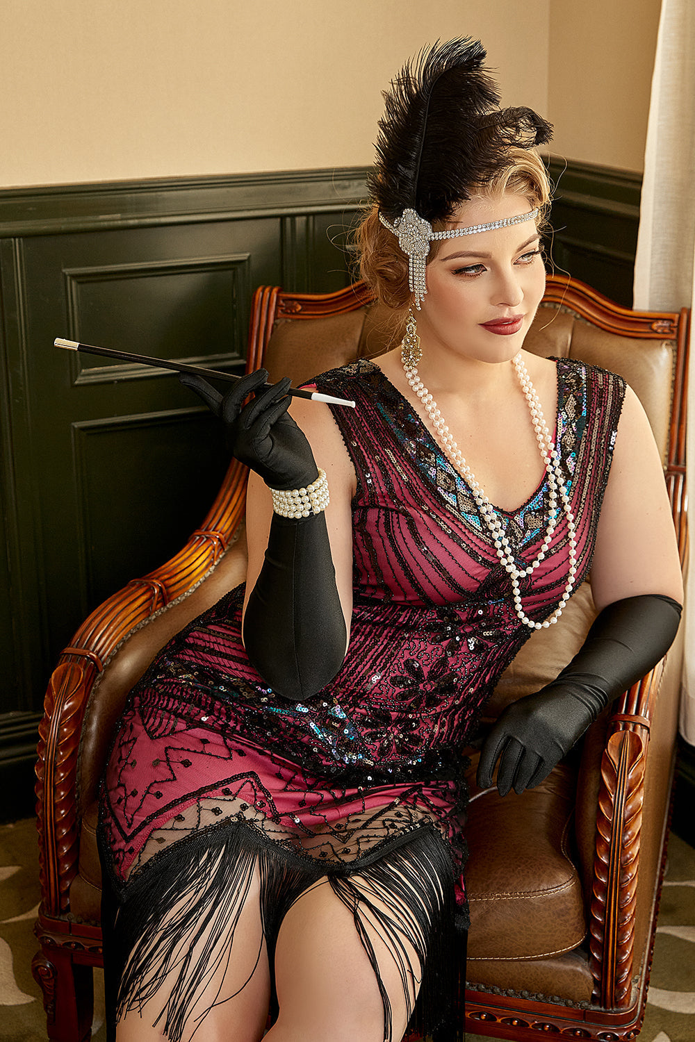 Übergröße V-Ausschnitt Fuchsia 20er Jahre Flapper Kleid