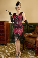 Übergröße V-Ausschnitt Fuchsia 20er Jahre Flapper Kleid