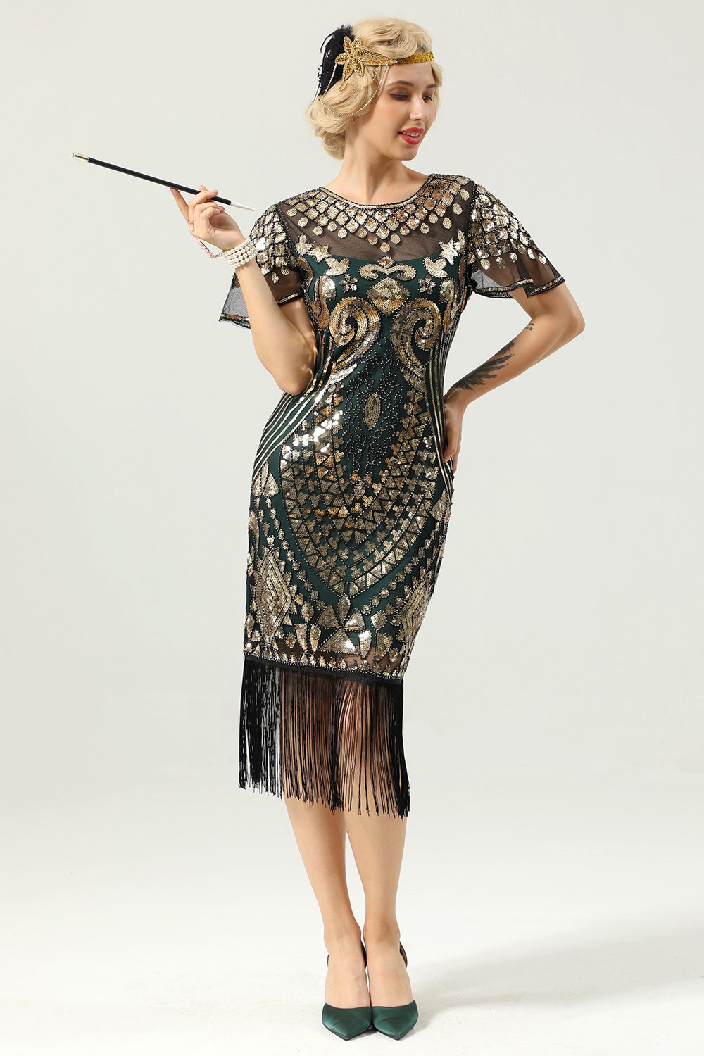 Grünes Pailletten 1920er Jahre Kleid
