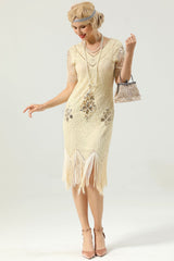 Aprikosen Strass Pailletten 1920er Jahre Kleid mit Ärmeln