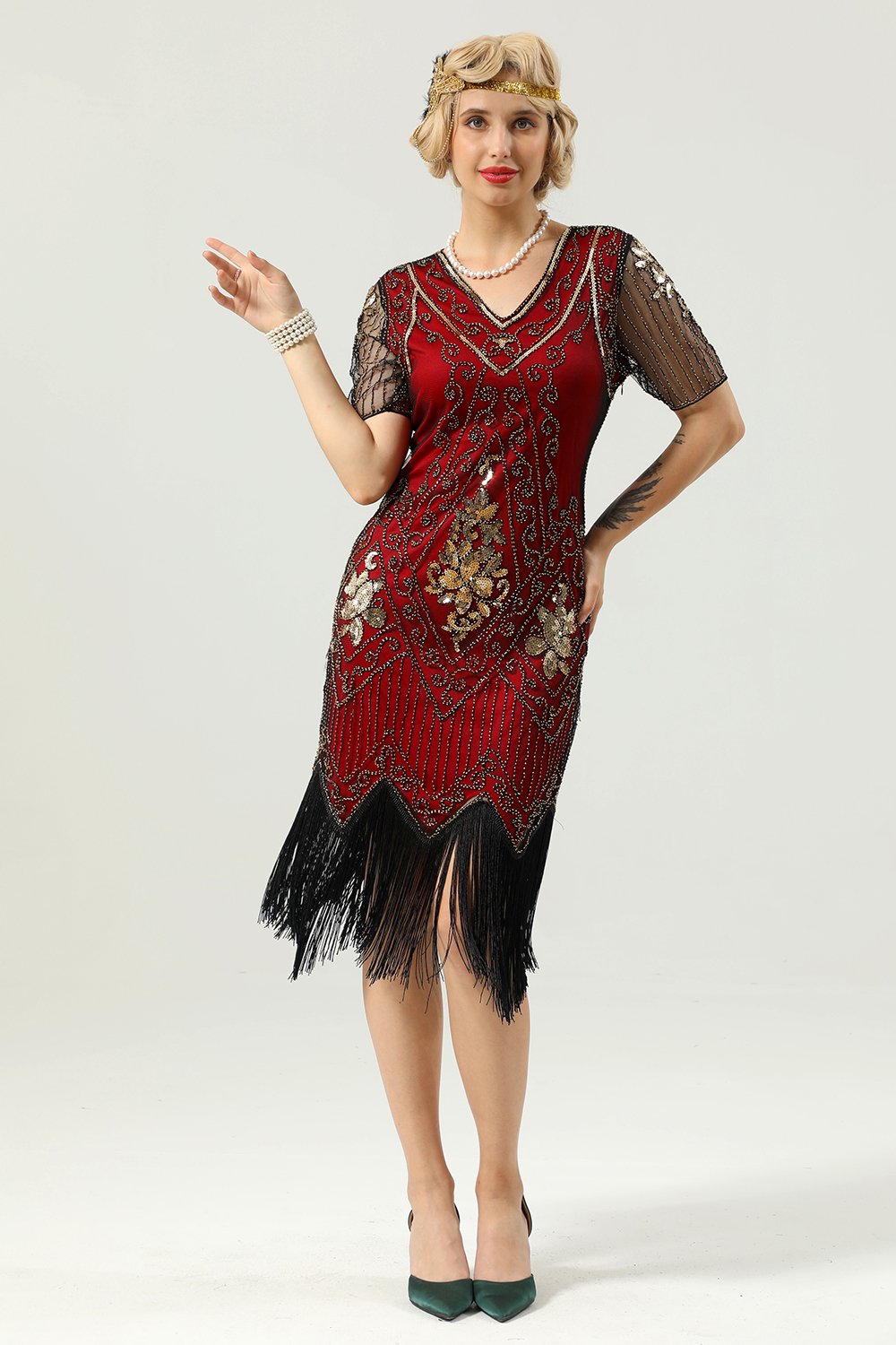 Aprikosen Strass Pailletten 1920er Jahre Kleid mit Ärmeln