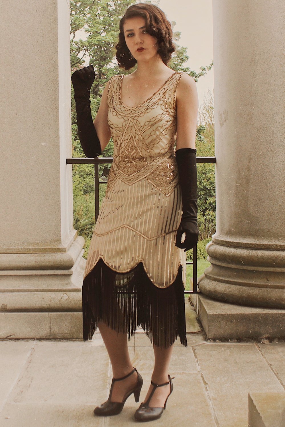 1920er Jahre Champagner Fransen Pailletten Kleid