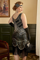 Schwarze Pailletten Fransen Übergröße 1920er Jahre Flapper Kleid