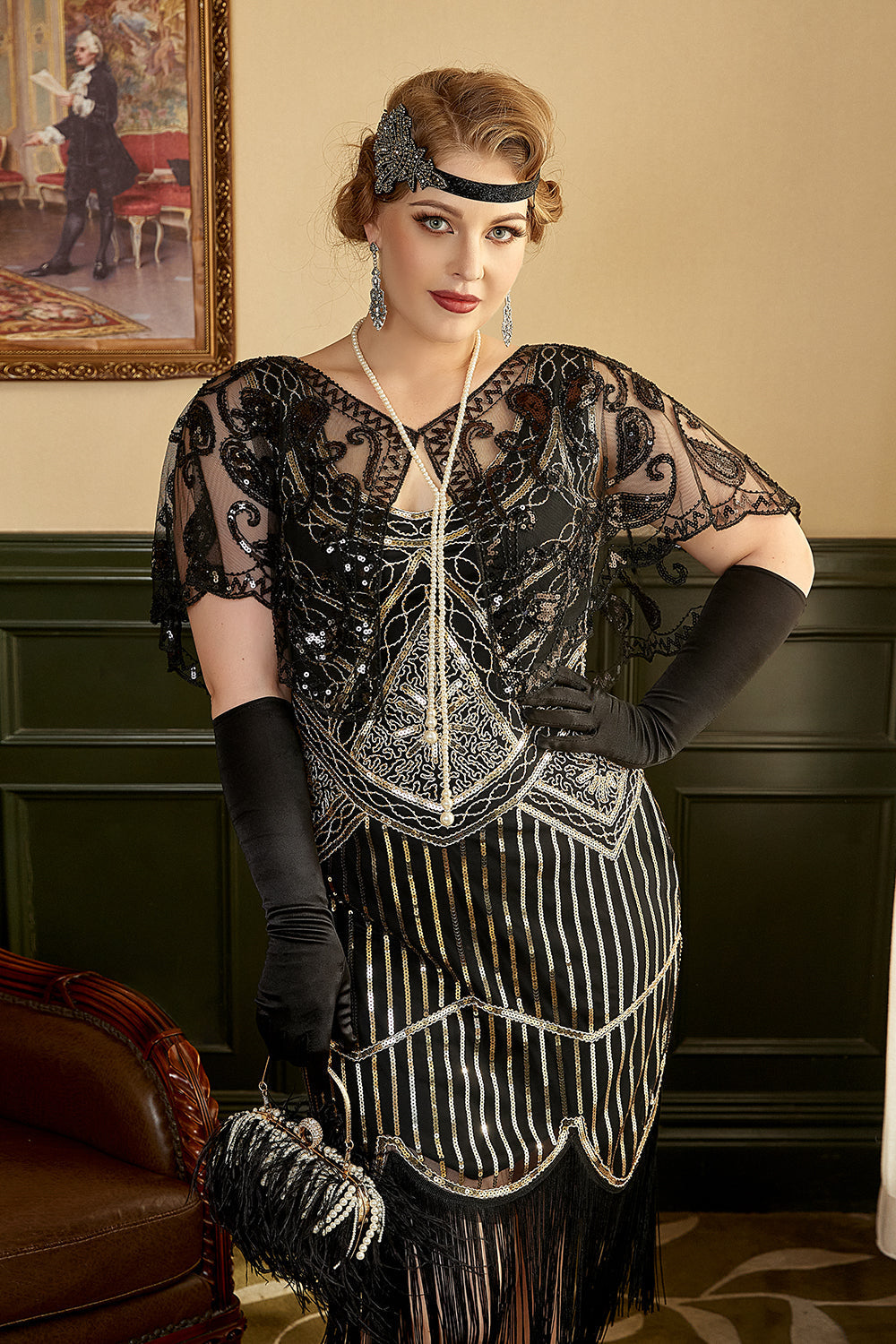 Schwarze Pailletten Fransen Übergröße 1920er Jahre Flapper Kleid