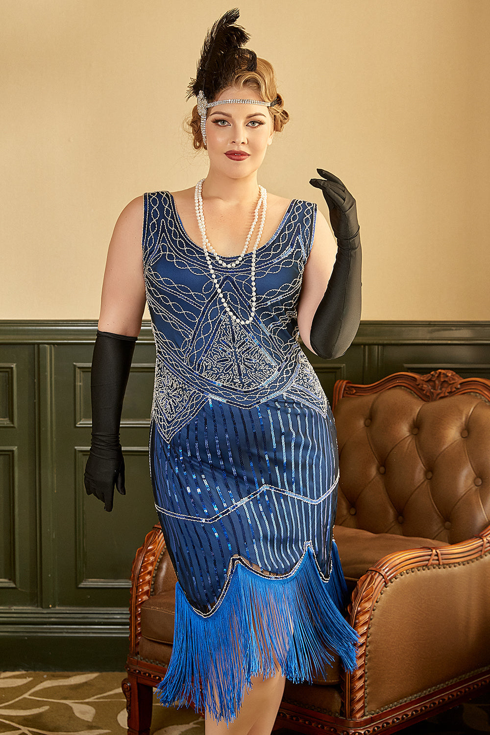 Königsblau Übergröße Kleid aus den 1920er Jahren mit Fransen