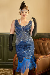 Königsblau Übergröße Kleid aus den 1920er Jahren mit Fransen