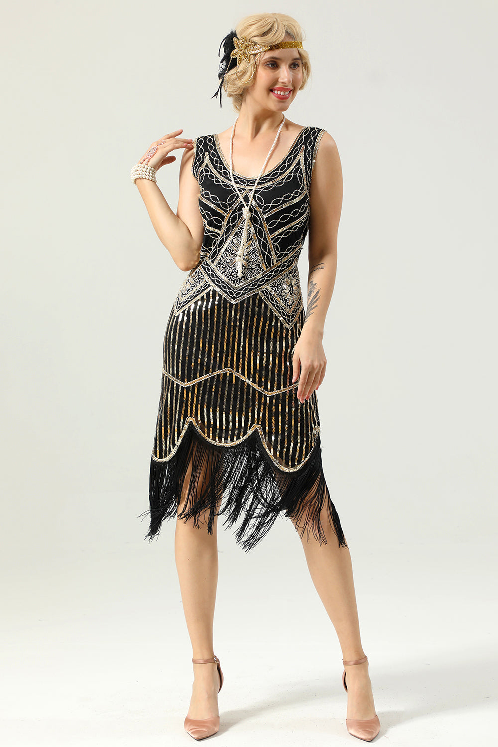 Schwarz Tiefer V-Ausschnitt Flapper 1920er Kleid