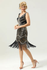 Schwarz Tiefer V-Ausschnitt Flapper 1920er Kleid