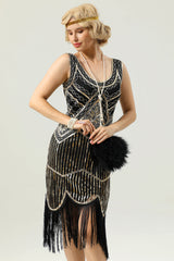 Schwarz Tiefer V-Ausschnitt Flapper 1920er Kleid