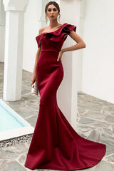 Eine Schulter Meerjungfrau Burgundy Ballkleid