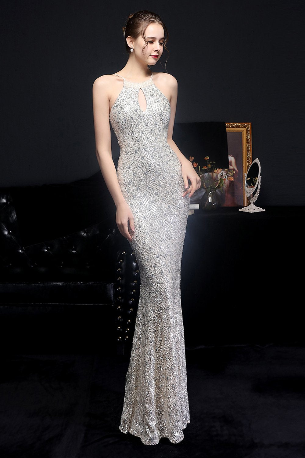 Silber Neckholder Pailletten Partykleid