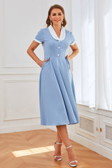 Blaue 1950er Jahre Swing Kleid mit Taschen